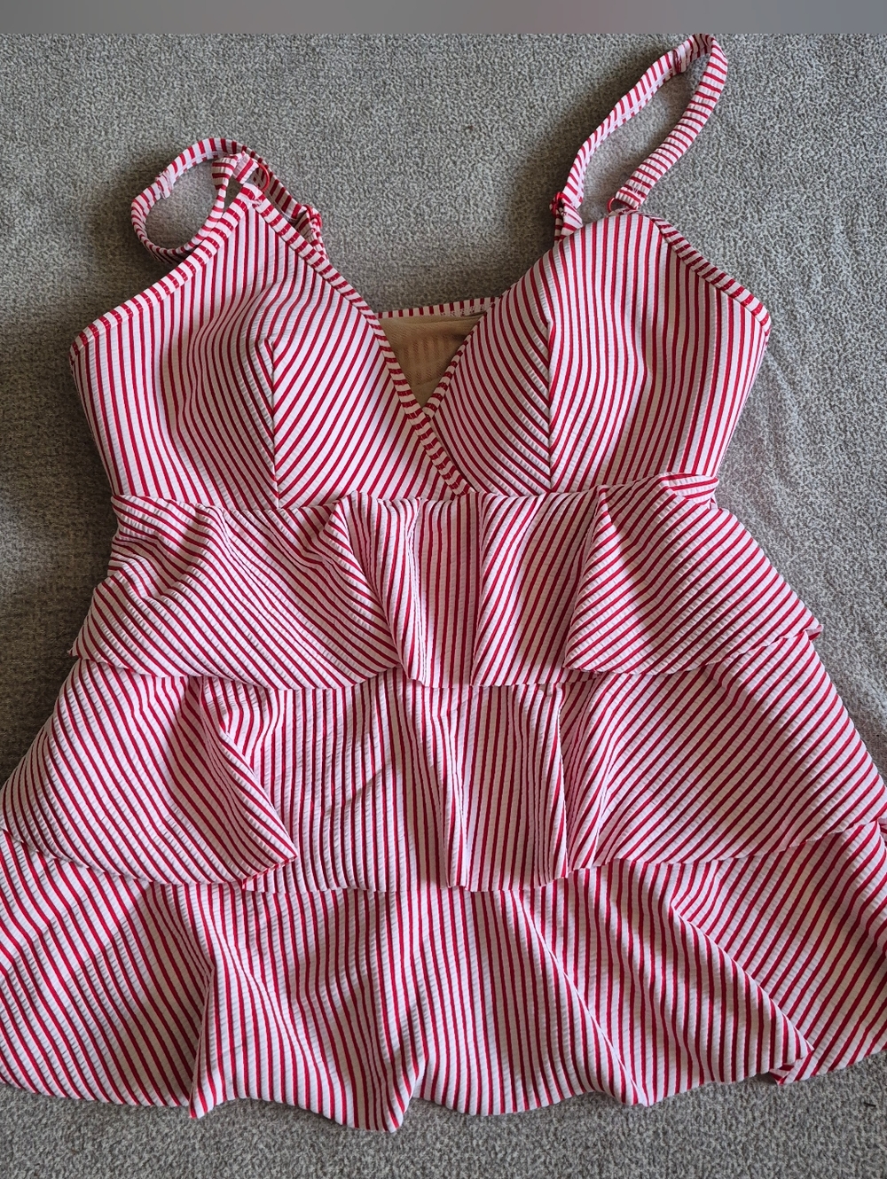 Swim by Cacique tankini top Sz 18 No Wire Red White Ruffle Adjustable Strap,